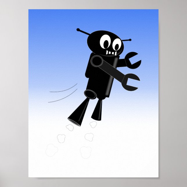 Black Flying Robot Blue Sky Background Poster (Front)