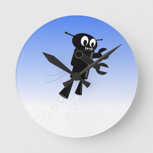 Black Flying Robot Blue Sky Background Round Clock (Front)