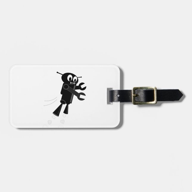 Black Flying Robot Luggage Tag (Front Horizontal)