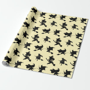 Black Flying Witches Broom Silhouette Halloween Wrapping Paper