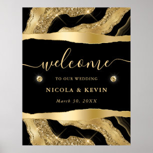 Black Foil and Gold Glitter Agate Wedding Welcome Poster