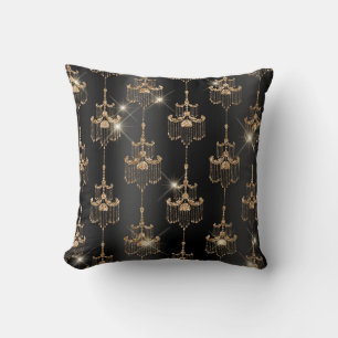 Black Foil and Gold Glitter Glam Chandeliers Cushion