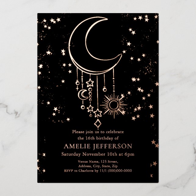 Black Foil Celestial Moon Birthday Foil Invitation (Front)