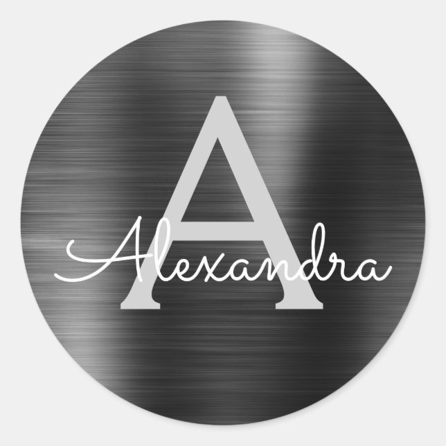 Black Foil Girly Metallic Monogrammed Wedding Classic Round Sticker (Front)