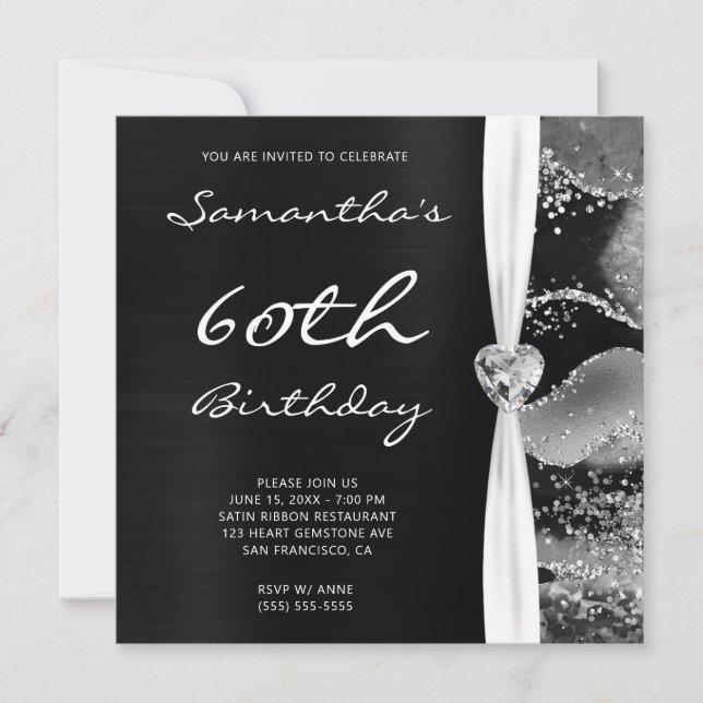 Black Foil Silver Glitter Abstract Agate Birthday Invitation (Front)