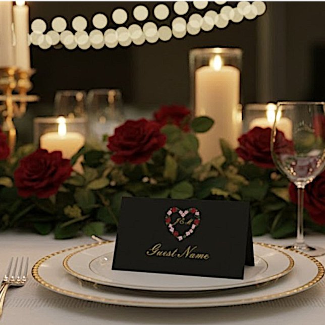 Black folded place card - floral heart Guest name (Creator Uploaded)