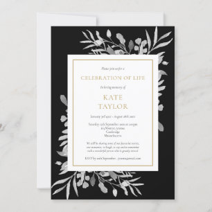Black Foliage Gold Celebration of Life Photo Invitation