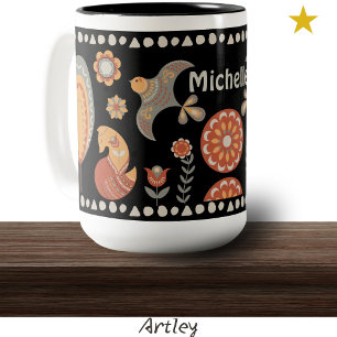 Black Folk Art Animals Wildlife Custom Name  Two-Tone Coffee Mug