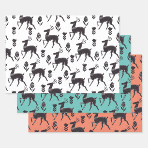 Black Folk Art Deer Trio III Wrapping Paper Sheet