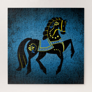 Black folk Friesian/frisian horse stallion in blue Jigsaw Puzzle