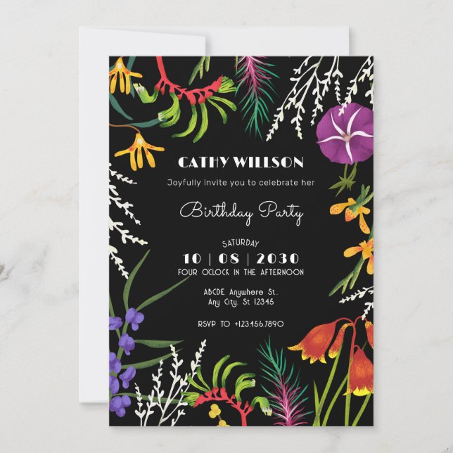 Black foral tropical Nature  Invitation (Front)