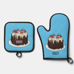 Black Forest cake cartoon illustration Oven Mitt & Pot Holder Set