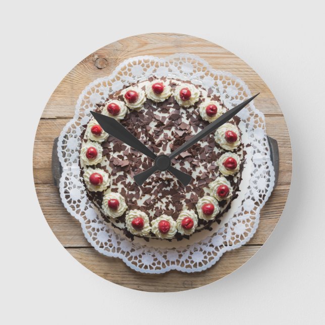 Black Forest cake on rustic wood Round Clock (Front)