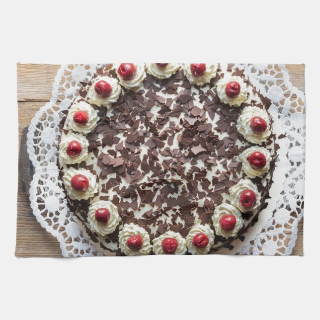 Black Forest cake on rustic wood Tea Towel (Horizontal)