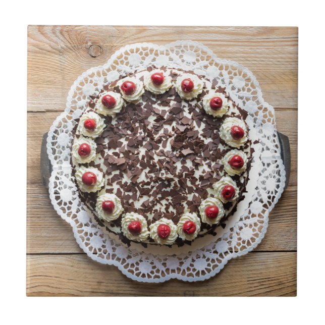 Black Forest cake on rustic wood Tile (Front)