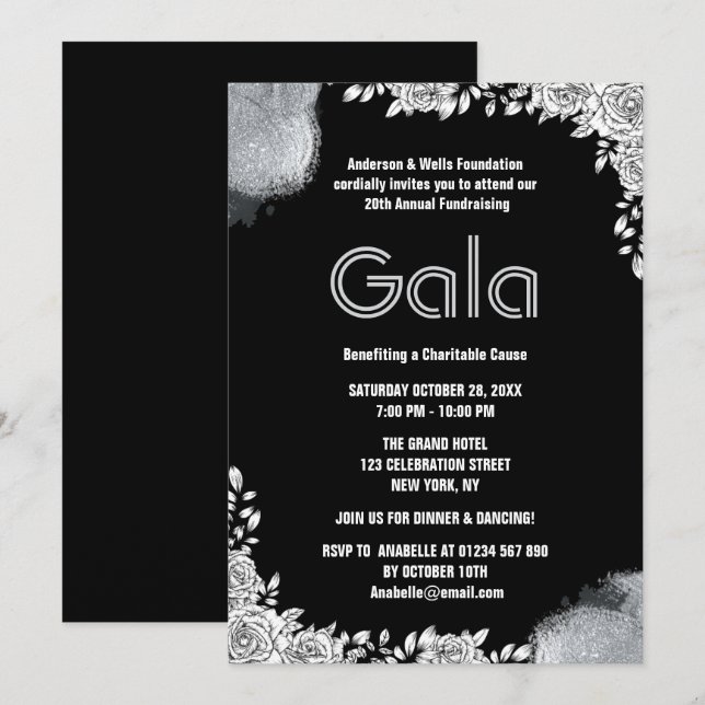 Black Formal Corporate Gala Ball Party Fundraiser  Invitation (Front/Back)