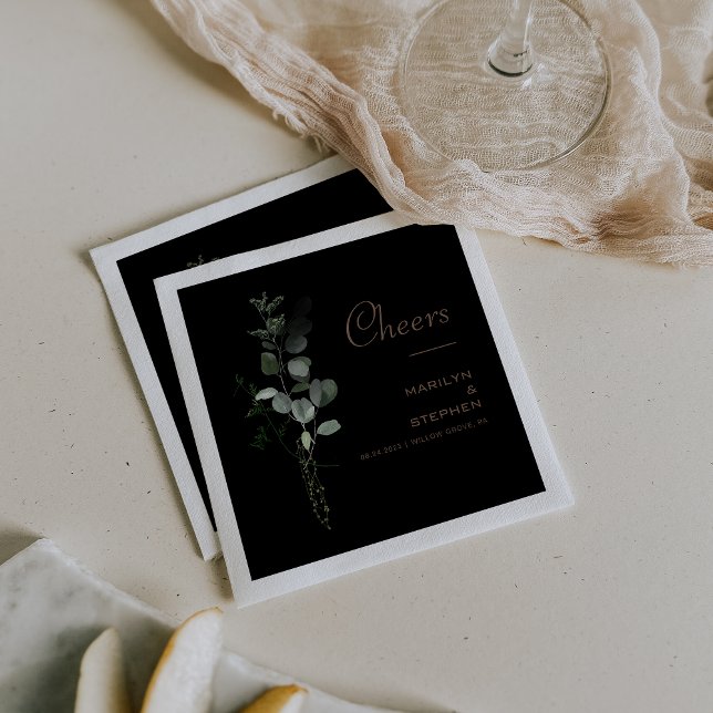 Black Formal Minimal Eucalyptus Cheers Wedding   Napkin (Creator Uploaded)