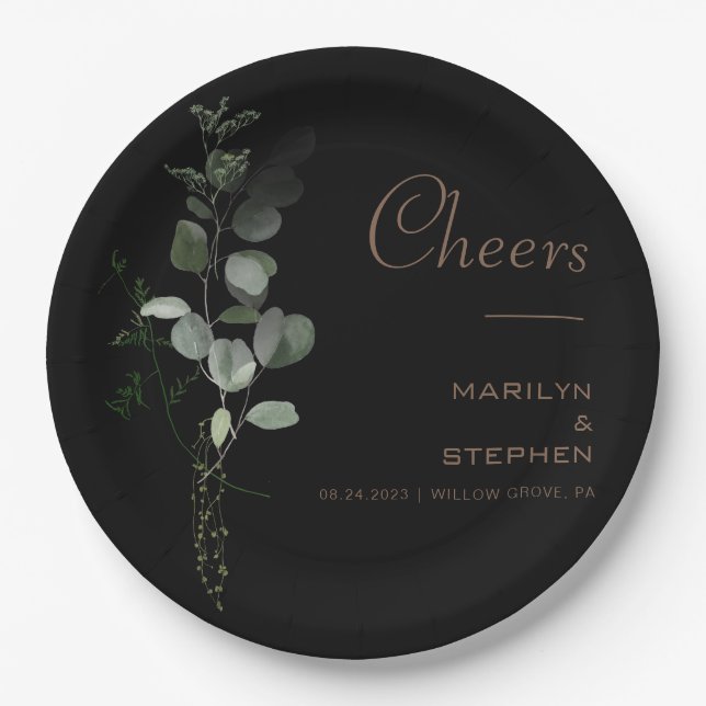 Black Formal Minimal Eucalyptus Cheers Wedding   Paper Plate (Front)