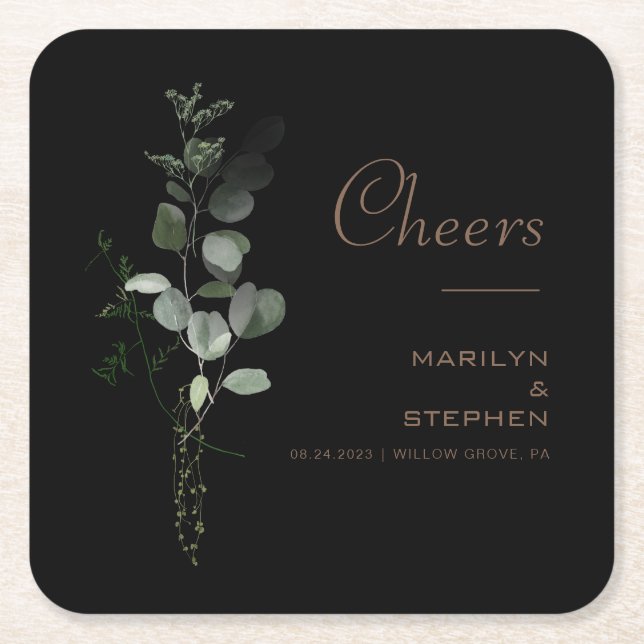 Black Formal Minimal Eucalyptus Cheers Wedding  Square Paper Coaster (Front)