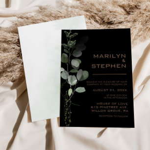 Black Formal Minimal Eucalyptus Wedding  Invitation
