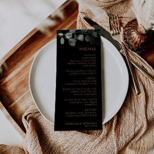Black Formal Minimal Eucalyptus Wedding Menu Card
