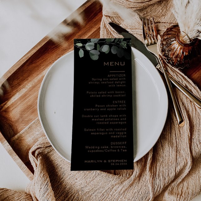 Black Formal Minimal Eucalyptus Wedding Menu Card (Creator Uploaded)