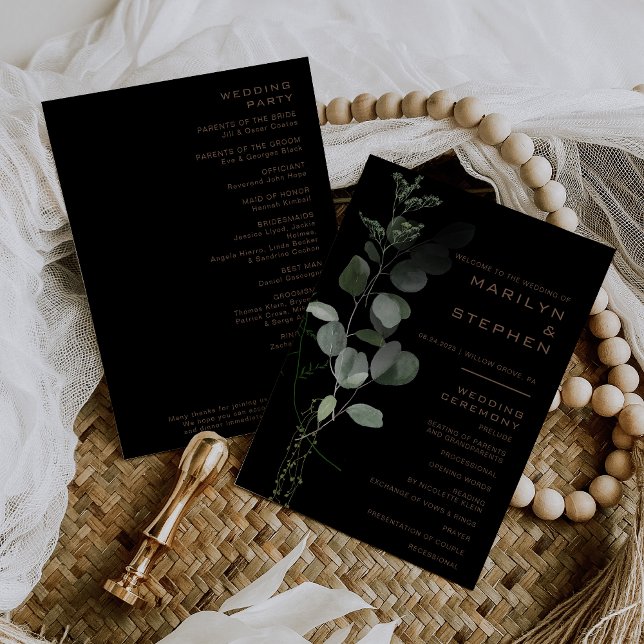 Black Formal Minimal Eucalyptus Wedding Program (Creator Uploaded)
