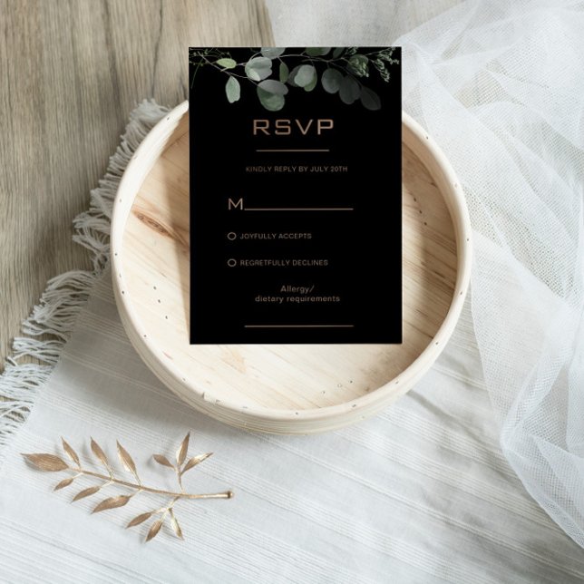 Black Formal Minimal Eucalyptus Wedding RSVP Card (Creator Uploaded)