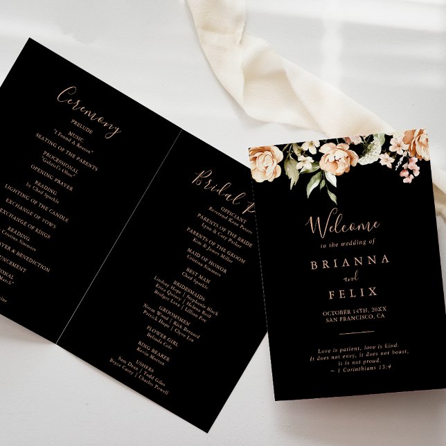 Black Formal Royal Floral Folded Wedding Program (Creator Uploaded)
