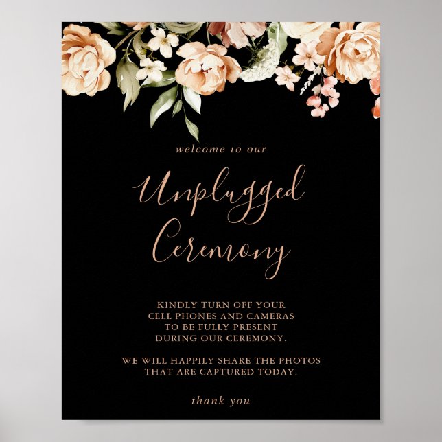 Black Formal Royal Floral Unplugged Ceremony Sign (Front)