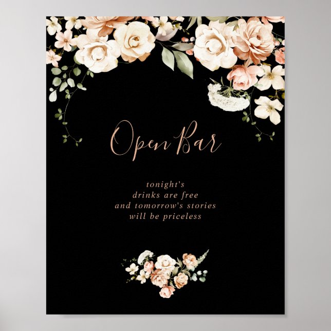 Black Formal Royal Floral Wedding Open Bar Sign (Front)