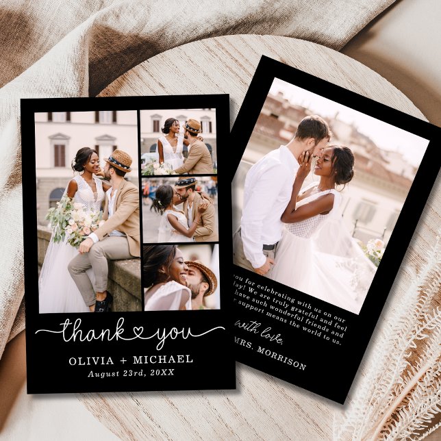 Black Four Photo Collage Script Wedding Thank You Card (Creator Uploaded)