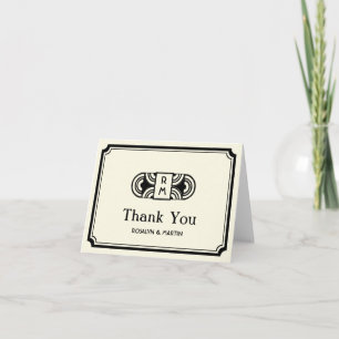 Black frame art deco retro monogram thank you card