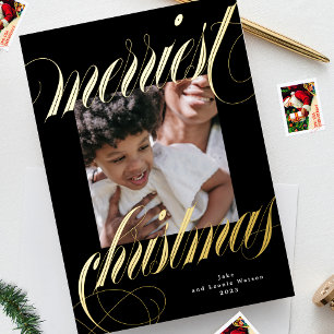 black frame christmas gold calligraphy one photo foil holiday card