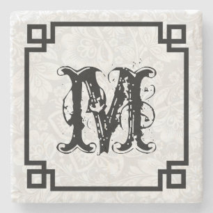 Black Frame White Damasks And Large Monogram Stone Coaster