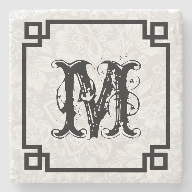 Black Frame White Damasks And Large Monogram Stone Coaster (Front)