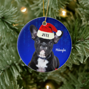 Black Frech Bulldog Puppy with Santa Hat Christmas Ceramic Ornament