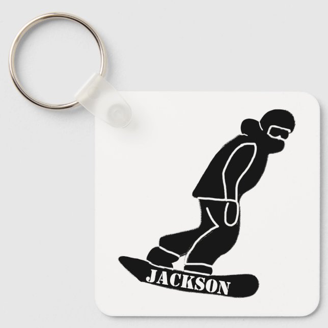 Black Freeride Snowboarder Snowboarding Stencil Key Ring (Front)