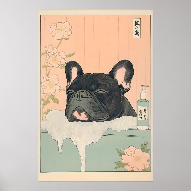 Black French Bulldog Bathroom Print Japandi (Front)