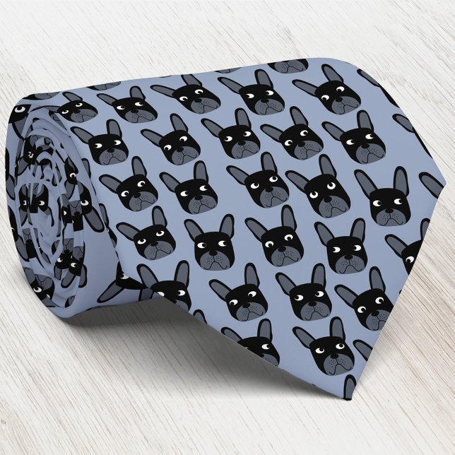 Black French Bulldog Blue Neck Tie (Black French Bulldogs on a blue background fun dog art neck tie)