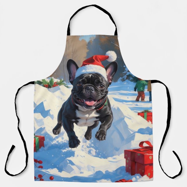Black French Bulldog Christmas Festive Snow Scene Apron (Front)