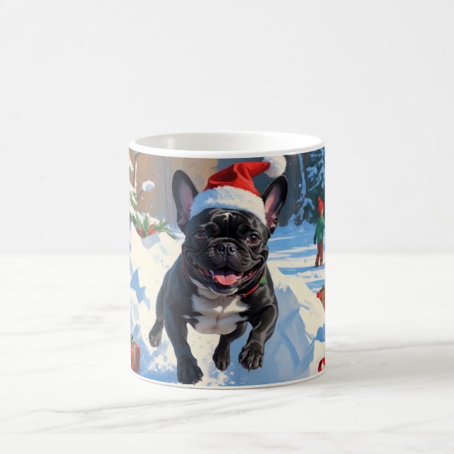Black French Bulldog Christmas Festive Snow Scene Coffee Mug (Center)