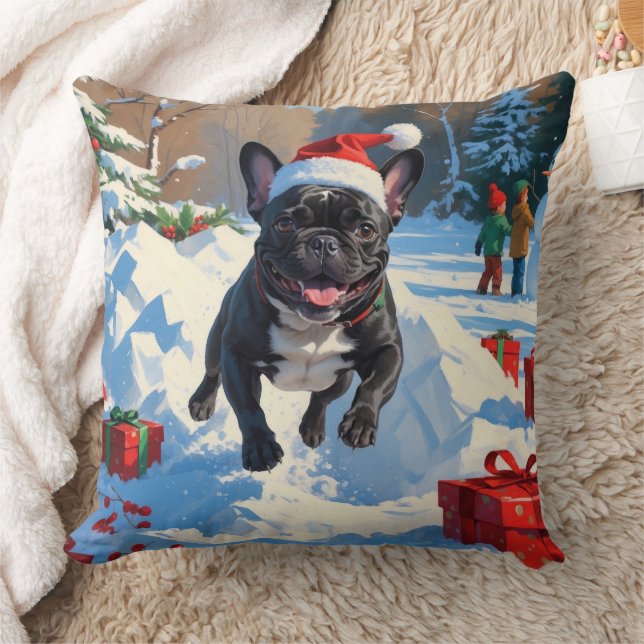 Black French Bulldog Christmas Festive Snow Scene Cushion (Blanket)