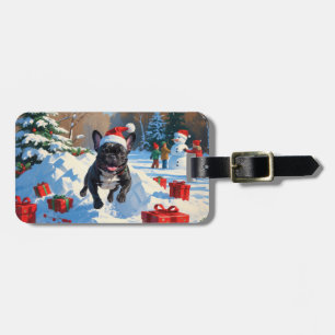 Black French Bulldog Christmas Festive Snow Scene Luggage Tag