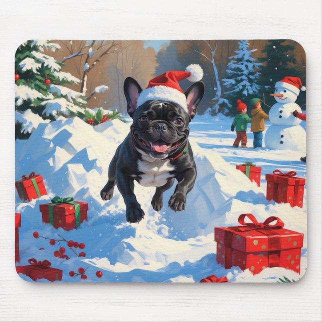 Black French Bulldog Christmas Festive Snow Scene Mouse Pad (Front)