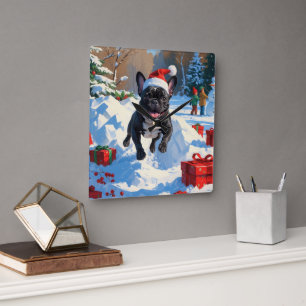 Black French Bulldog Christmas Festive Snow Scene Square Wall Clock