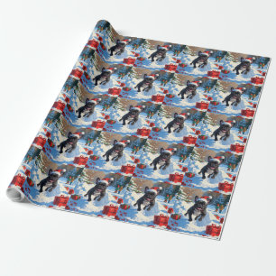 Black French Bulldog Christmas Festive Snow Scene Wrapping Paper