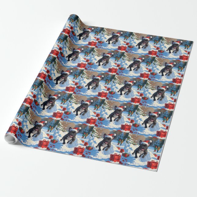 Black French Bulldog Christmas Festive Snow Scene Wrapping Paper (Unrolled)