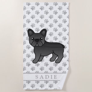 Black French Bulldog Cute Cartoon Dog & Name Beach Towel