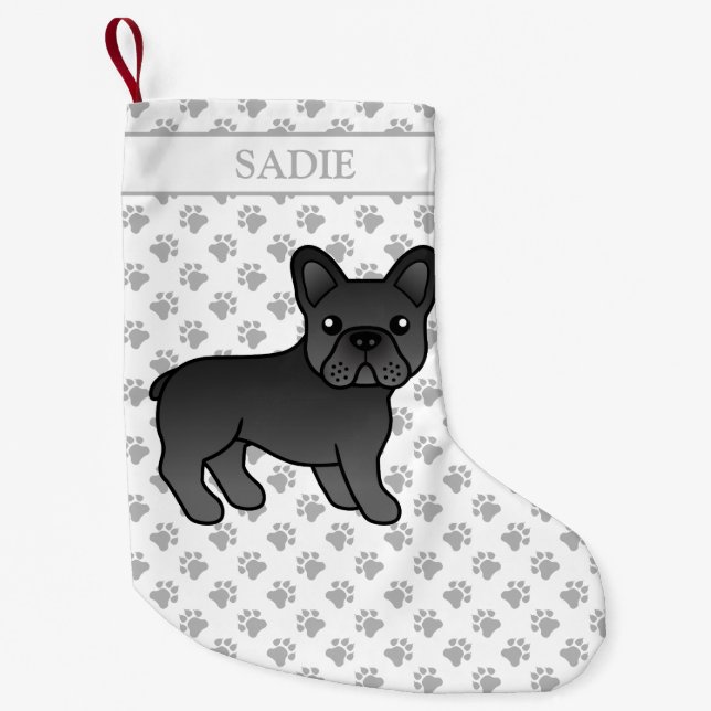 Black French Bulldog Cute Cartoon Dog & Name Small Christmas Stocking (Front)